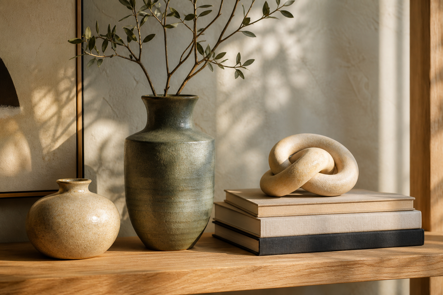 Dettaglio di styling con ceramiche e libri