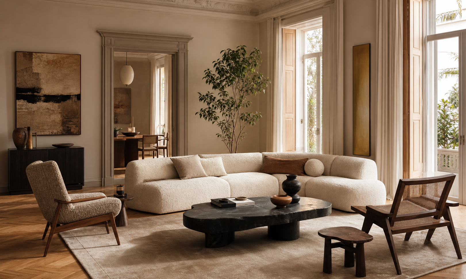 Soggiorno residenziale caldo con arredi di design e luce naturale