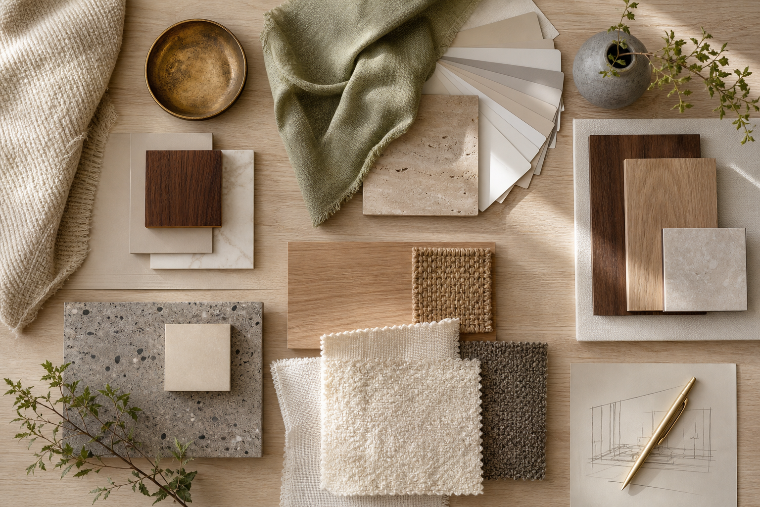 Moodboard con campioni di materiali e tessuti